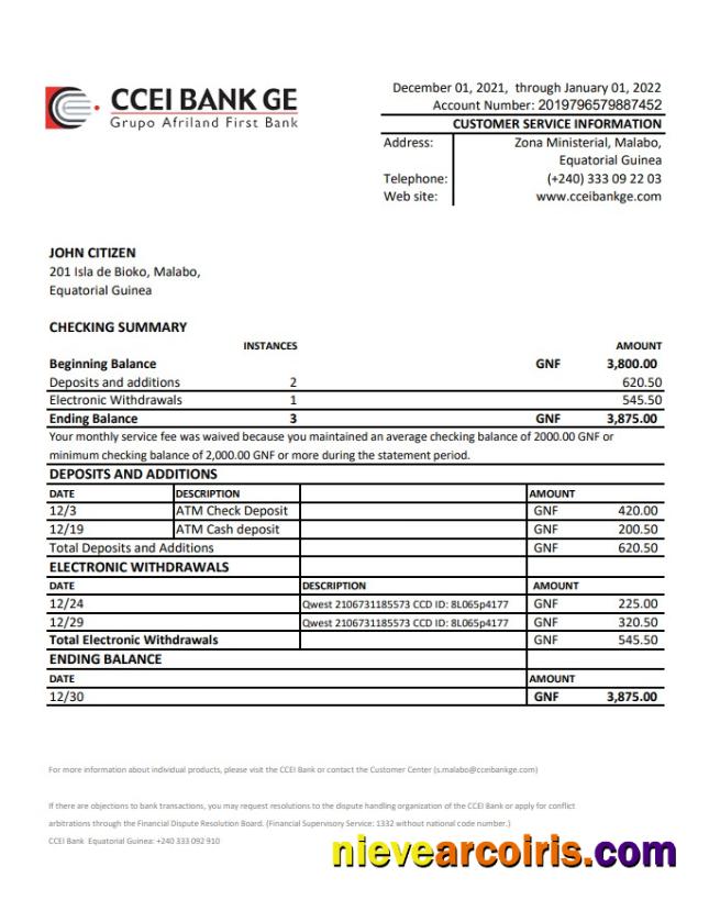 Equatorial Guinea CCEI Bank statement Excel and PDF